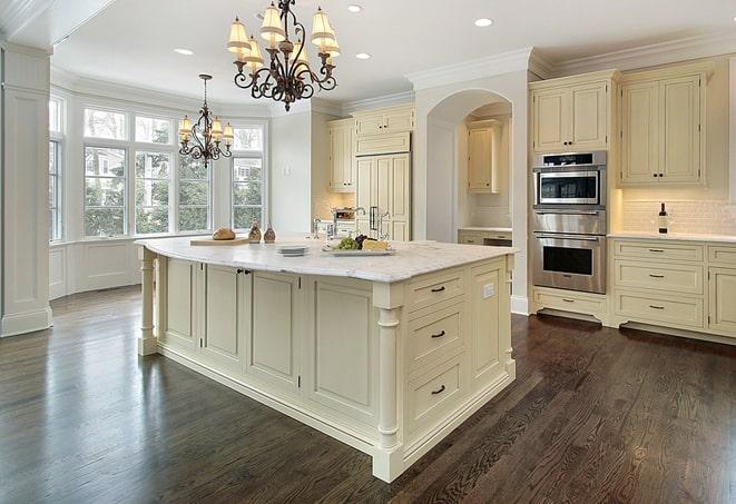 a modern kitchen with newly installed laminate floor in Lotus